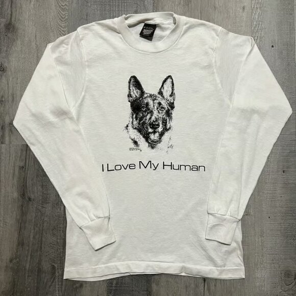 Screen Stars Tops - VTG German Shepherd T Shirt White Long Sleeve 90s "I Love My Human" Dog Puppy M